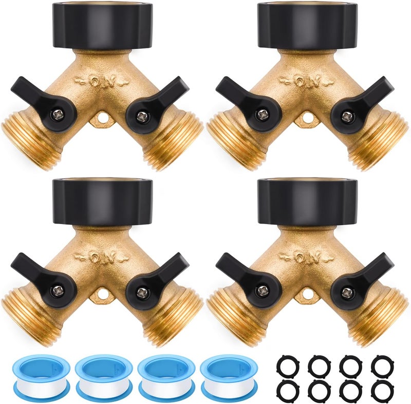 LFSEMINI 4 Pack Hose Splitter, 2 Way Heavy Duty Brass Garden Hose Splitter, for 3/4" Hose Connector, Brass Garden Hose Manifold with Rubber Washers & Tapes - Image 1